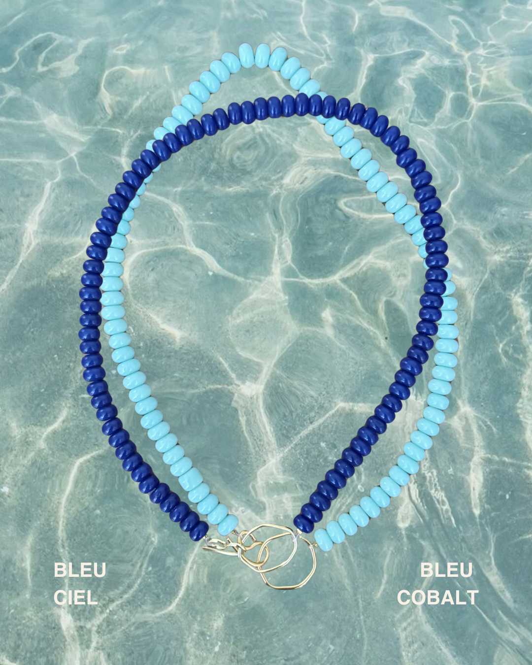 Colliers Baiser salé bleu cobalt et bleu ciel — collection capsule été 2026 Capucine Arnoux