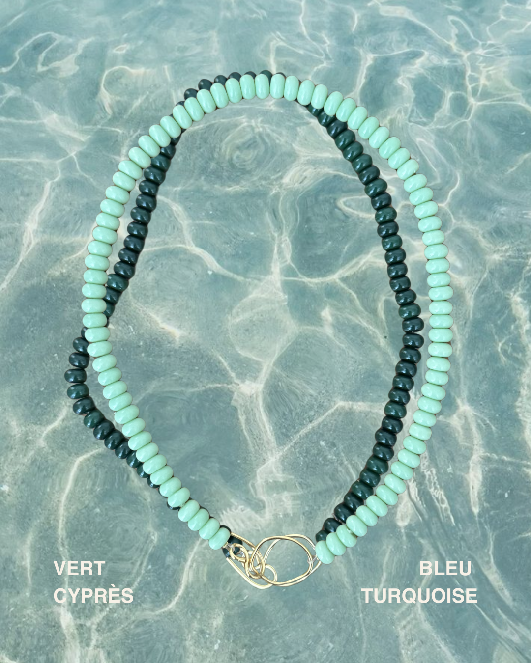 Colliers Baiser salé turquoise et vert cyprès — collection capsule été 2026 Capucine Arnoux